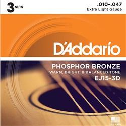 D'Addario EJ15-3D Phosphor Bronze Acoustic Guitar Strings 3-PACK - Extra Light (10-47)