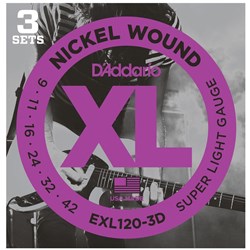 D'Addario EXL120-3D Nickel Wound Electric Guitar Strings 3-PACK - Super Light (9-42)