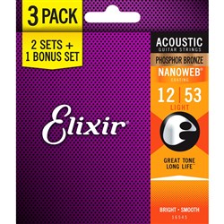 Elixir 16545 Acoustic Phosphor Bronze w/ Nanoweb Coating 3-Pack - Light (12-53)