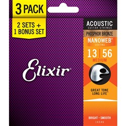 Elixir 16546 Acoustic Phosphor Bronze w/ Nanoweb Coating 3-PACK - Medium (13-56)