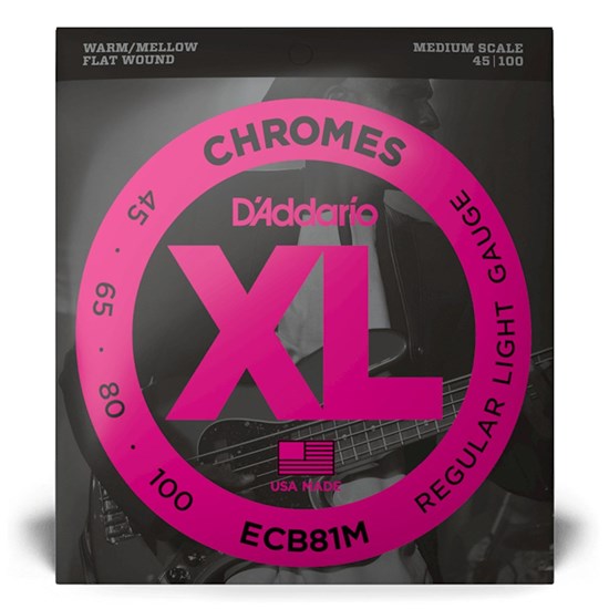 D'Addario ECB81M XL Chromes Flatwound Bass Strings - Medium Scale - Light (45-100)
