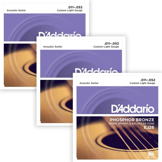 D'Addario EJ26-3D Phosphor Bronze Acoustic Guitar Strings 3-PACK - Custom Light (11-52)