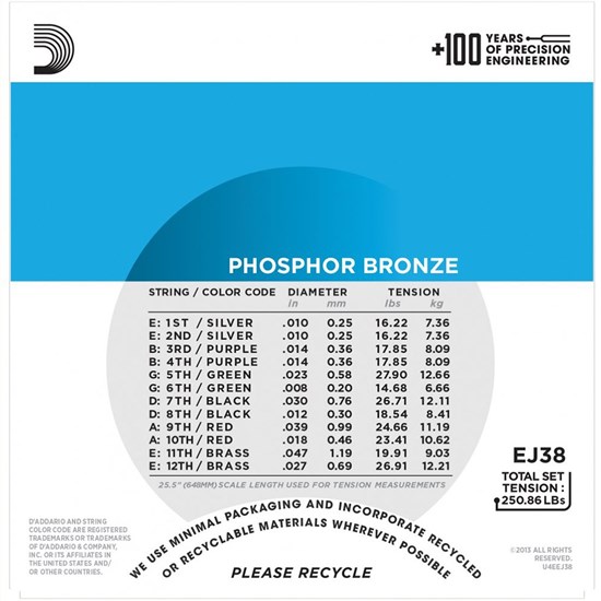 D'Addario EJ38 12-String Phosphor Bronze Acoustic Strings - Light (10-47)