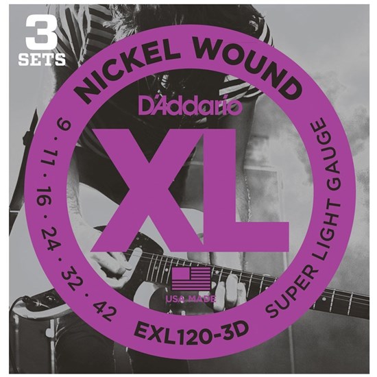 D'Addario EXL120-3D Nickel Wound Electric Guitar Strings 3-PACK - Super Light (9-42)
