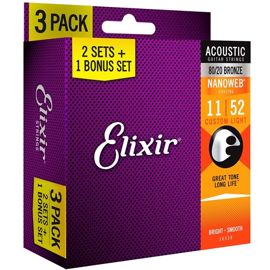 Elixir 16538 Acoustic 80/20 Bronze w/ Nanoweb Coating 3-Pack - Custom Light (11-52)