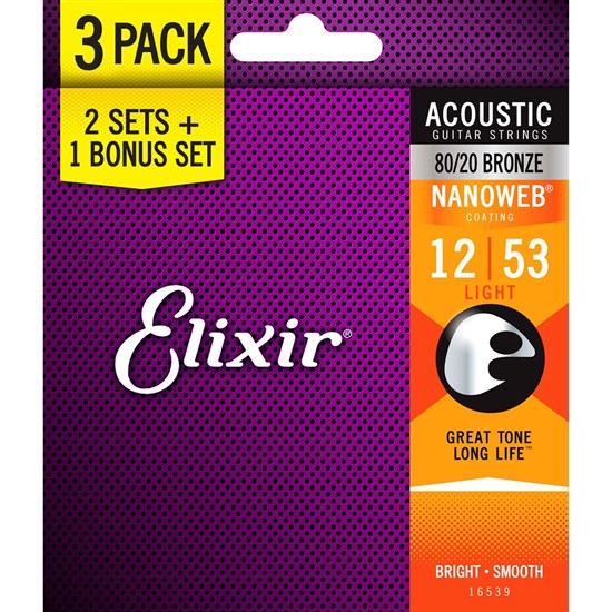 Elixir 16539 Acoustic 80/20 Bronze w/ Nanoweb Coating 3-Pack - Light (12-53)