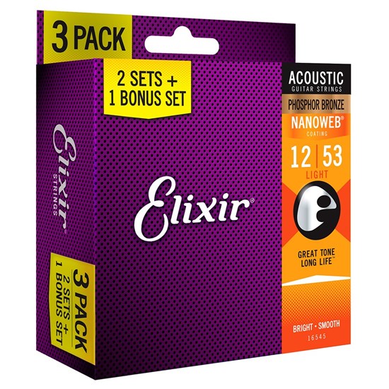 Elixir 16545 Acoustic Phosphor Bronze w/ Nanoweb Coating 3-Pack - Light (12-53)