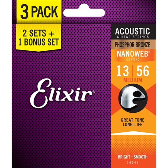 Elixir 16546 Acoustic Phosphor Bronze w/ Nanoweb Coating 3-PACK - Medium (13-56)