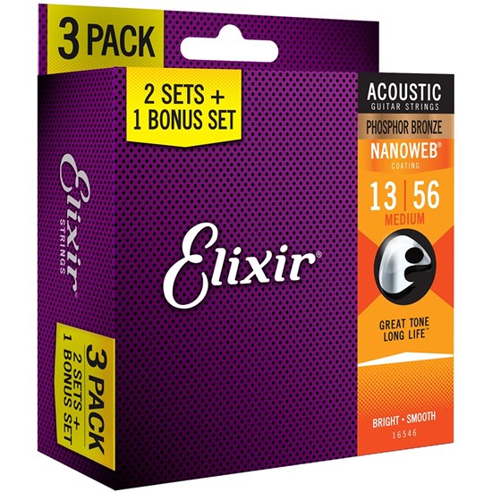 Elixir 16546 Acoustic Phosphor Bronze w/ Nanoweb Coating 3-PACK - Medium (13-56)