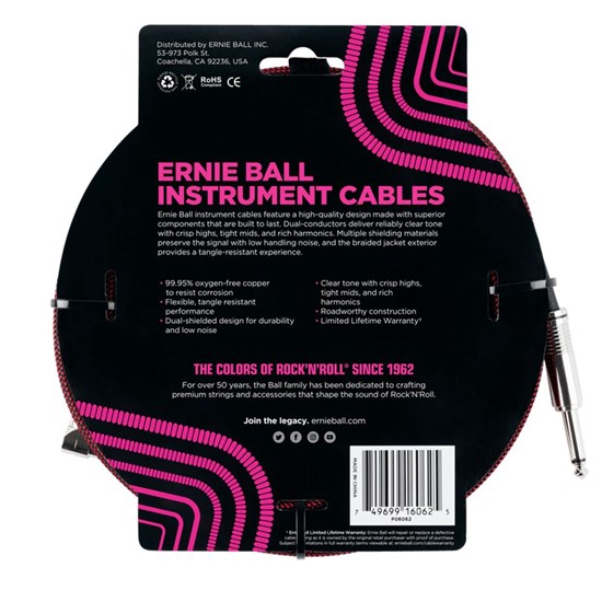 Ernie Ball 25' Braided Straight / Angled Instrument Cable - (Black / Red)