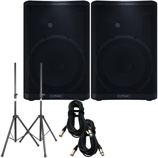 QSC CP12 PA Speaker Pack w/ Stands & 10m XLR Cables (Pair)