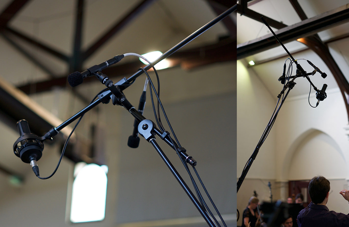 Sony C100, ECM100N and ECM100U mounted on stand, recording an orchestra.